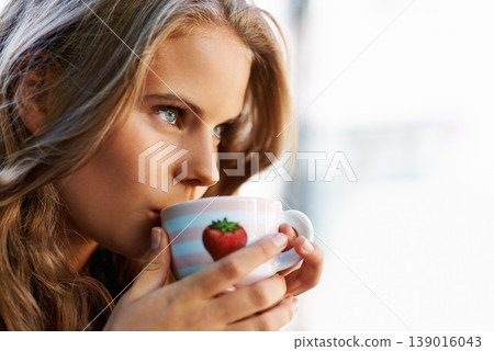 Woman, thinking and drink at coffee shop with espresso, latte or relax in city, cafe and restaurant. Calm, mindset and person with green tea, cup and brunch in morning with freedom and peace Woman, thinking and drink at coffee shop with espresso, latte or relax in city, cafe and restaurant. Calm, mindset and person with green tea, cup and brunch in morning with freedom and peace 139016043