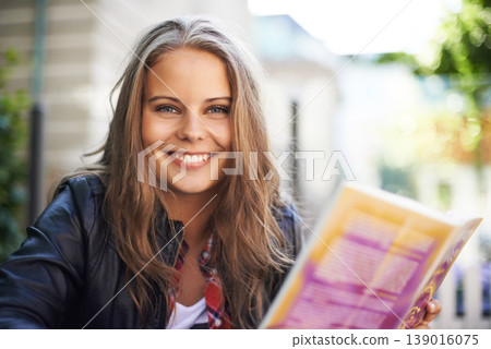 College student, reading and portrait with book outdoor at university campus or city. Woman, relax and learn from studying books, textbook or research knowledge for english literature education info College student, reading and portrait with book outdoor at university campus or city. Woman, relax and learn from studying books, textbook or research knowledge for english literature education info 139016075