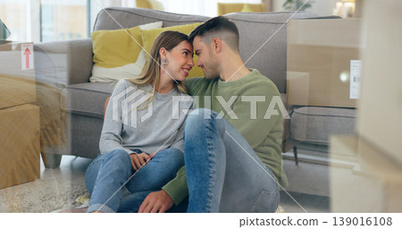 Happy couple, boxes and new home at sofa for dream house, living room or property. Man, woman and forehead embrace at couch for achievement smile or apartment change for milestone, talking or relax Happy couple, boxes and new home at sofa for dream house, living room or property. Man, woman and forehead embrace at couch for achievement smile or apartment change for milestone, talking or relax 139016108