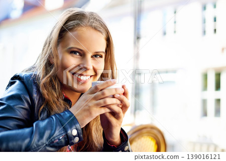 Woman, smile and portrait at coffee shop with espresso, drink or latte outdoor in city. Cafe, restaurant and relax with green tea, cup and brunch in summer with happiness, peace or calm morning Woman, smile and portrait at coffee shop with espresso, drink or latte outdoor in city. Cafe, restaurant and relax with green tea, cup and brunch in summer with happiness, peace or calm morning 139016121