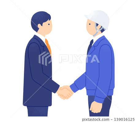 An illustration of a businessman in a suit shaking hands with a construction worker; a profile image of the people representing a cooperative relationship. An illustration of a businessman in a suit shaking hands with a construction worker; a profile image of the people representing a cooperative relationship. 139016125