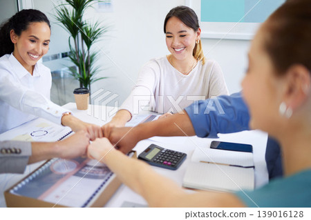 Business people, office meeting and group for fist bump, smile or excited in diversity, teamwork or finance goal. Men, women or hands for solidarity, documents or happy in circle at accounting agency Business people, office meeting and group for fist bump, smile or excited in diversity, teamwork or finance goal. Men, women or hands for solidarity, documents or happy in circle at accounting agency 139016128