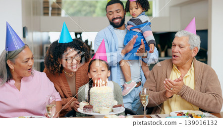 Birthday cake, family and child blow candles with grandparents for celebration, party and singing or clapping. Happy interracial people, mother and father with girl kids for special holiday at home Birthday cake, family and child blow candles with grandparents for celebration, party and singing or clapping. Happy interracial people, mother and father with girl kids for special holiday at home 139016132