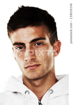 Portrait, serious and man in hoodie for fashion isolated on a white background. Confident young person, face of model and stylish clothes, casual and cool facial expression in Spain on a backdrop 139016140