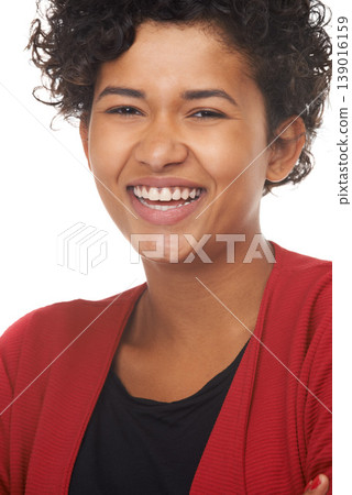Woman, laughing and face in portrait, studio and funny joke or comedy, fun and white background. Female person, silly and humor or goofy, comic and positive mindset or excited, freedom and backdrop 139016159