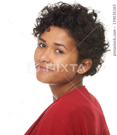 Woman, natural and smile in portrait, studio and confidence for fashion, proud and beauty. Mexican female person, face and positive mindset in mockup, curly hair and isolated by white background Woman, natural and smile in portrait, studio and confidence for fashion, proud and beauty. Mexican female person, face and positive mindset in mockup, curly hair and isolated by white background 139016163