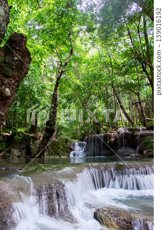 The 5th tier of Erawan Waterfall, called "Buar Mai Long", is part of the Erawan Waterfall in Kanchanaburi. The 5th tier of Erawan Waterfall, called "Buar Mai Long", is part of the Erawan Waterfall in Kanchanaburi. 139016192