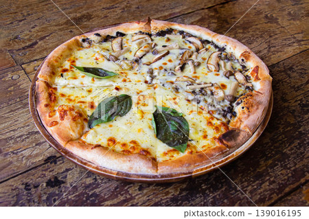 Freshly baked pizza on a wooden table pizza is generously topped with melted mozzarella cheese sauteed mushrooms and fresh basil leaves, served on a black ceramic plate. Freshly baked pizza on a wooden table pizza is generously topped with melted mozzarella cheese sauteed mushrooms and fresh basil leaves, served on a black ceramic plate. 139016195