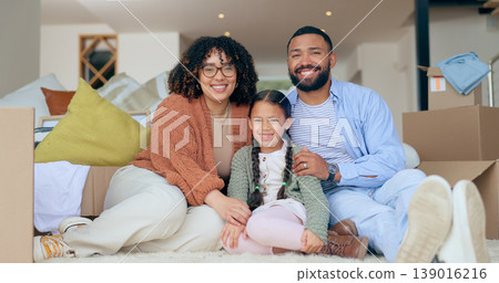 Portrait of happy family with boxes on floor, new home and property mortgage, future opportunity and security. Mother, father and child together in living room, real estate and moving to apartment Portrait of happy family with boxes on floor, new home and property mortgage, future opportunity and security. Mother, father and child together in living room, real estate and moving to apartment 139016216