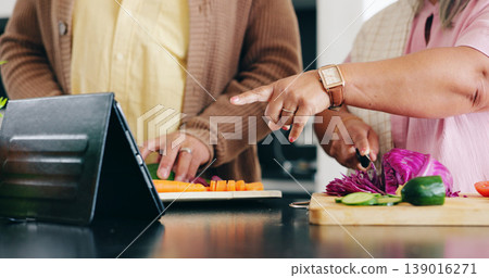 Senior, hands and cooking in kitchen with tablet for dinner, lunch or vegetables with support, help and love. Elderly, man and woman with pointing, peace and nutrition for bonding or relationship Senior, hands and cooking in kitchen with tablet for dinner, lunch or vegetables with support, help and love. Elderly, man and woman with pointing, peace and nutrition for bonding or relationship 139016271