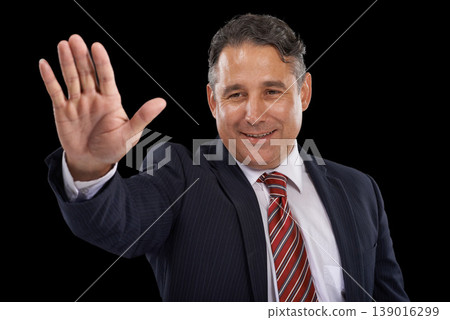 Government, happy politician and man in studio for wave, greeting and support on black background. Success, political campaign and person with hand gesture for leadership, pride and winning election 139016299