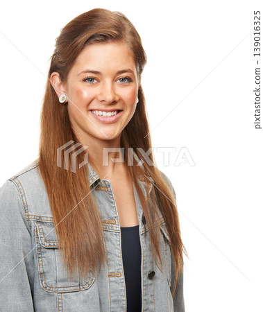 Woman, denim jacket and smile in studio portrait for confidence, isolated or style by white background. Modern hipster girl, edgy fashion model or happy for trendy retro clothes with pride in Ireland Woman, denim jacket and smile in studio portrait for confidence, isolated or style by white background. Modern hipster girl, edgy fashion model or happy for trendy retro clothes with pride in Ireland 139016325