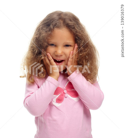 Excited, child and portrait of girl with surprise, news and announcement in white background or studio. Wow, shocked and kid with emoji reaction to giveaway, winning or celebration of competition Excited, child and portrait of girl with surprise, news and announcement in white background or studio. Wow, shocked and kid with emoji reaction to giveaway, winning or celebration of competition 139016379