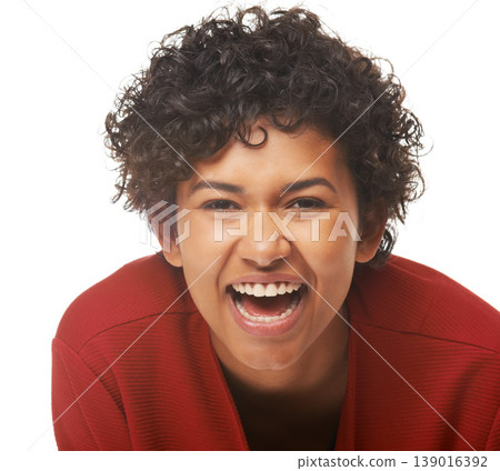 Happy woman, laughing and face in portrait, studio and funny joke or comedy by white background. Female person, silly and humor or goofy, comic and positive mindset or excited, smile and mockup 139016392