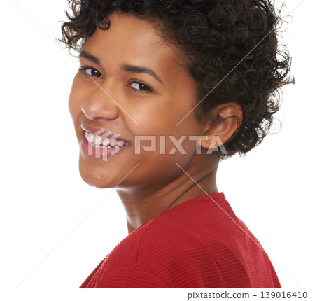 Portrait, face and woman in studio, smile and confidence for fashion, proud and beauty by white background. Mexican female person, happy and positive mindset in mockup, curly hair and laugh for joke Portrait, face and woman in studio, smile and confidence for fashion, proud and beauty by white background. Mexican female person, happy and positive mindset in mockup, curly hair and laugh for joke 139016410