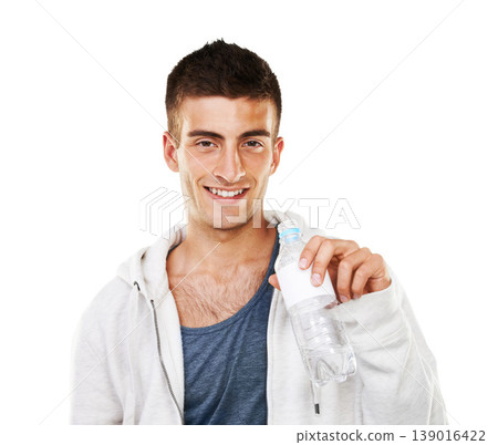 Studio, portrait or happy man drinking water on break in exercise, workout or fitness training. Smile, care or thirsty sports athlete with bottle for wellness, health or hydration on white background Studio, portrait or happy man drinking water on break in exercise, workout or fitness training. Smile, care or thirsty sports athlete with bottle for wellness, health or hydration on white background 139016422