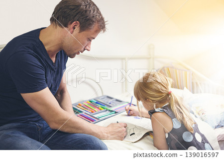 Father, daughter and coloring book for homework with helping, bonding and learning for education in bedroom of home. People, man and girl child with homeschooling, creativity and care on bed of house Father, daughter and coloring book for homework with helping, bonding and learning for education in bedroom of home. People, man and girl child with homeschooling, creativity and care on bed of house 139016597