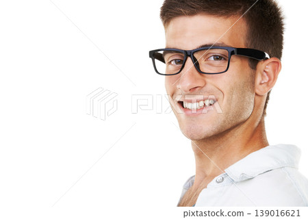 Closeup, portrait and happy man with glasses in studio, mockup and white background in Spain. Person, vision and smile for new, frame and lens of spectacles for correction of sight, cornea or pupil Closeup, portrait and happy man with glasses in studio, mockup and white background in Spain. Person, vision and smile for new, frame and lens of spectacles for correction of sight, cornea or pupil 139016621