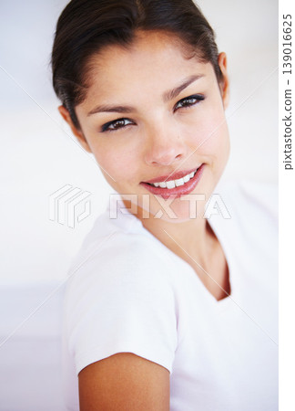 Happy, beauty and portrait of Asian woman on a white background with cosmetics, wellness and skincare. Dermatology, health and isolated face of person with smile, natural glow and confident in studio 139016625