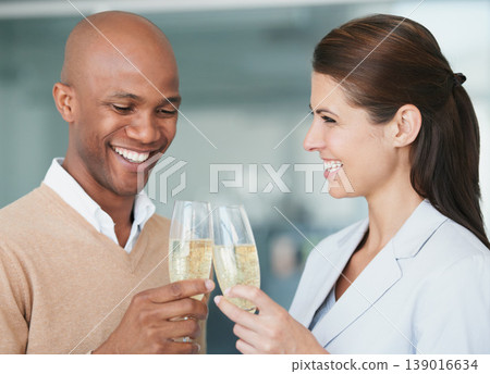 Partnership, champagne and smile for toast, cheers and success or achievement, bonus and target. Happy people, motivation and congratulations in office, victory and celebrate with drink, goals or joy Partnership, champagne and smile for toast, cheers and success or achievement, bonus and target. Happy people, motivation and congratulations in office, victory and celebrate with drink, goals or joy 139016634