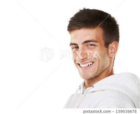 Portrait, happy and man in hoodie for fashion isolated on white background mockup space. Young person smile, face of model and stylish clothes, casual or cool facial expression in Spain on backdrop Portrait, happy and man in hoodie for fashion isolated on white background mockup space. Young person smile, face of model and stylish clothes, casual or cool facial expression in Spain on backdrop 139016678