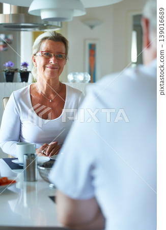 Senior couple, breakfast and eating in morning with healthy food, nutrition or diet in retirement. Happy, old woman and smile on face at brunch in dining room with vegetables and fruit for health Senior couple, breakfast and eating in morning with healthy food, nutrition or diet in retirement. Happy, old woman and smile on face at brunch in dining room with vegetables and fruit for health 139016689