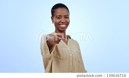 Portrait, happy black woman or pointing to you for motivation isolated on blue background. Studio, winner or African person with gesture, choice or promotion showing an opportunity, vote or selection Portrait, happy black woman or pointing to you for motivation isolated on blue background. Studio, winner or African person with gesture, choice or promotion showing an opportunity, vote or selection 139016718