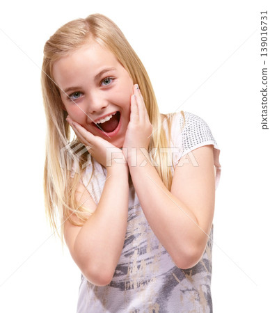 Wow, surprise and hands on face of girl child in studio with promotion, deal or info on white background. Omg, emoji and portrait of excited kid with children fashion announcement, sale or giveaway Wow, surprise and hands on face of girl child in studio with promotion, deal or info on white background. Omg, emoji and portrait of excited kid with children fashion announcement, sale or giveaway 139016731