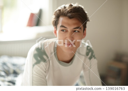 Man, smile and thinking on future, bedroom and positive mindset for growth, confident and joy. Happy male person, bed and daydreaming or relax, mindfulness and remember memory or face, calm and peace Man, smile and thinking on future, bedroom and positive mindset for growth, confident and joy. Happy male person, bed and daydreaming or relax, mindfulness and remember memory or face, calm and peace 139016763