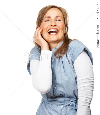 Comic, happy and portrait of woman in a studio for funny and silly joke in conversation. Smile, excited and confident mature female model with goofy face expression isolated by white background. 139016787