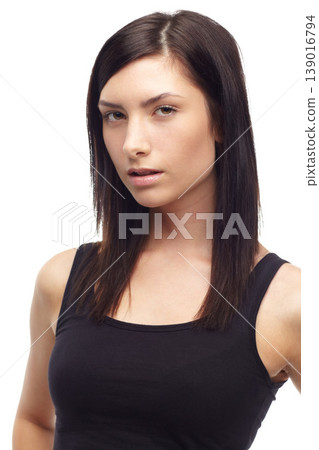 Woman, confident and portrait for fashion, trendy style and haircare in studio mockup. Young model, face or english with cool attitude, relax wellness or gen z aesthetic in glow by white background 139016794