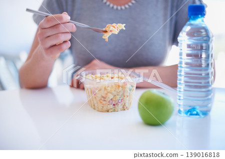 Hand, fork and employee eating food in the cafeteria on a lunch break for health, diet or nutrition closeup. Water, apple and noodle salad with a business person in the office for a meal or snack Hand, fork and employee eating food in the cafeteria on a lunch break for health, diet or nutrition closeup. Water, apple and noodle salad with a business person in the office for a meal or snack 139016818