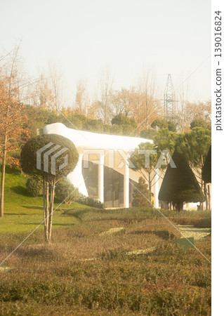 view of white columns in modern public park during day. pavilion. infrastructure. 139016824