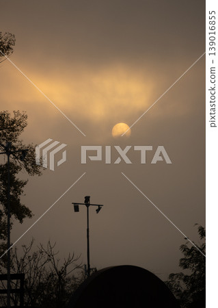 sun in mist among trees. foggy morning in city. sunny weather at dawn.  139016855