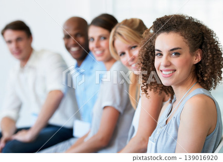 Woman, portrait and smile in seminar, office and collaboration or teamwork, workshop and meeting. Happy people, confidence and positive mindset at company, future and growth or face in boardroom 139016920