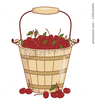 Wooden Vintage Bucket With Red Sour Cherry. Rustic Fresh Summer Harvest. Eco Friendly Organic Food Fruit. Vector Illustration. Countryside Lifestyle, Garden Foraging. Home Comfort. 139016944