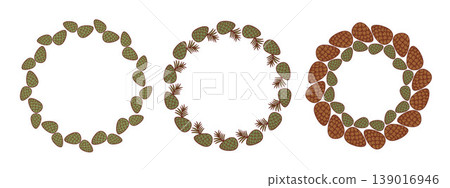 Pine Cone Wreaths Set. Forest Circular Frames Made Of Brown And Green Cones. Vector Illustration. Isolated Round Border with Empty Copy Space. Natural Home Decor. Eco-Friendly Product Emblem. 139016946