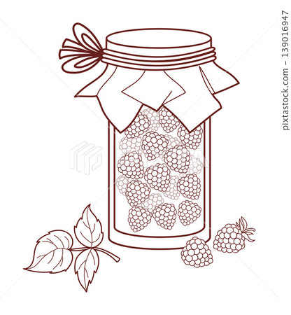 Outline Small Rustic Glass Jar Of Raspberry Jam. Homemade Natural Preserve With Craft Paper Lid, Fresh Berries and Leaf. Summer Fruit Food. Line drawing, coloring page. Vector Illustration. 139016947