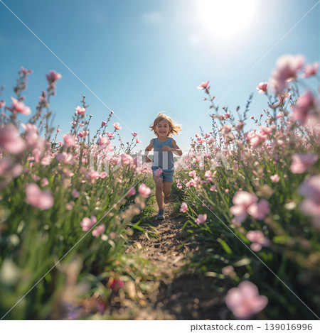 Child running through shibazakura flower  139016996