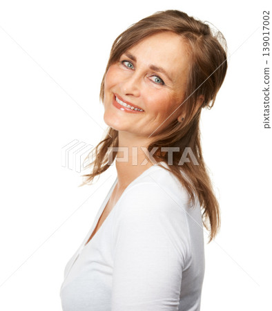 Smile, portrait and mature woman in a studio with positive, good and confident attitude. Happy, excited and female model from Canada with makeup, cosmetic or beauty face isolated by white background. Smile, portrait and mature woman in a studio with positive, good and confident attitude. Happy, excited and female model from Canada with makeup, cosmetic or beauty face isolated by white background. 139017002