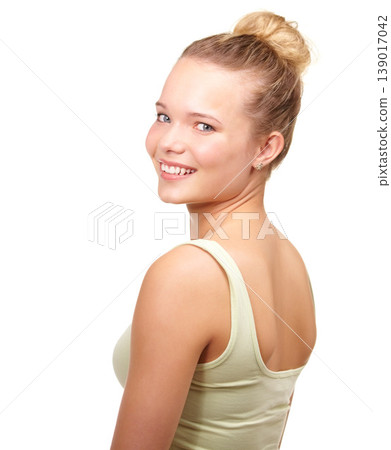 Teenager, portrait and happy in studio or natural beauty for gen z smile, mockup space on white background. Female person, model and face confident as positive look or good mood, clear skin or casual Teenager, portrait and happy in studio or natural beauty for gen z smile, mockup space on white background. Female person, model and face confident as positive look or good mood, clear skin or casual 139017042