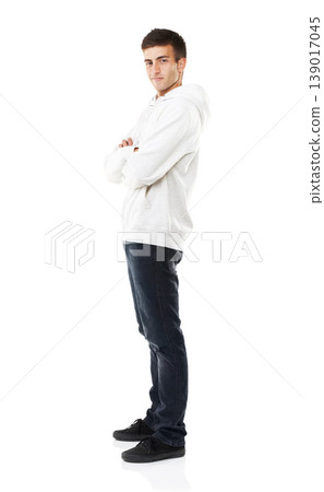 Portrait, arms crossed and man in hoodie for fashion isolated on white studio background. Confident young person, model and clothes, casual style or cool in trendy streetwear in Spain on mockup space 139017045