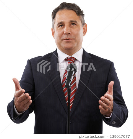 Microphone, speech and business man on a white background for presentation, speaker and seminar. Professional, public speaking and worker talking for conference, tradeshow and communication in studio 139017077