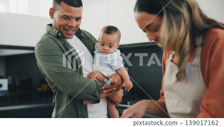 Family, smile and cooking in closeup, love and bonding in kitchen, relax and support or laughing at home. Happy parents and baby, connect and hug or embrace, fun and humor or joyful conversation Family, smile and cooking in closeup, love and bonding in kitchen, relax and support or laughing at home. Happy parents and baby, connect and hug or embrace, fun and humor or joyful conversation 139017162