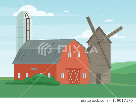 Farm Infrastructure Illustration with Barn Windmill and Silo Farm Infrastructure Illustration with Barn Windmill and Silo 139017170
