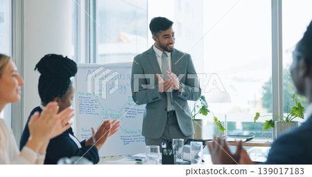 Business people presentation, happy man and celebration applause for advertising pitch, success or achievement. Praise, congratulations and board of director, group or team clapping for proposal idea Business people presentation, happy man and celebration applause for advertising pitch, success or achievement. Praise, congratulations and board of director, group or team clapping for proposal idea 139017183
