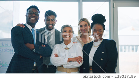 Business people, portrait and smile in office for teamwork, corporate collaboration or diversity. Group of men, women and happy employees in professional company with pride, solidarity or partnership 139017199