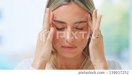 Mental health, woman or headache in home with burnout, stress and risk in living room from migraine. Person, wellness and anxiety or discomfort from strain in lounge of house with depression or tired Mental health, woman or headache in home with burnout, stress and risk in living room from migraine. Person, wellness and anxiety or discomfort from strain in lounge of house with depression or tired 139017252