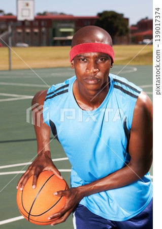Basketball, player and portrait on outdoor court for fitness challenge or sports train for game, match as athlete. Black man, face in summer win or goal dunk score or competition, cardio or confident Basketball, player and portrait on outdoor court for fitness challenge or sports train for game, match as athlete. Black man, face in summer win or goal dunk score or competition, cardio or confident 139017374