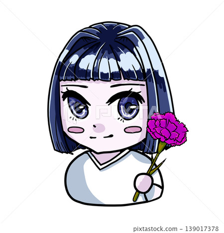 一幅彩色插圖,描繪了一個膚色清冷、略帶冬日氣息的Q版少女,她手捧一朵康乃馨。 一幅彩色插圖,描繪了一個膚色清冷、略帶冬日氣息的Q版少女,她手捧一朵康乃馨。 139017378